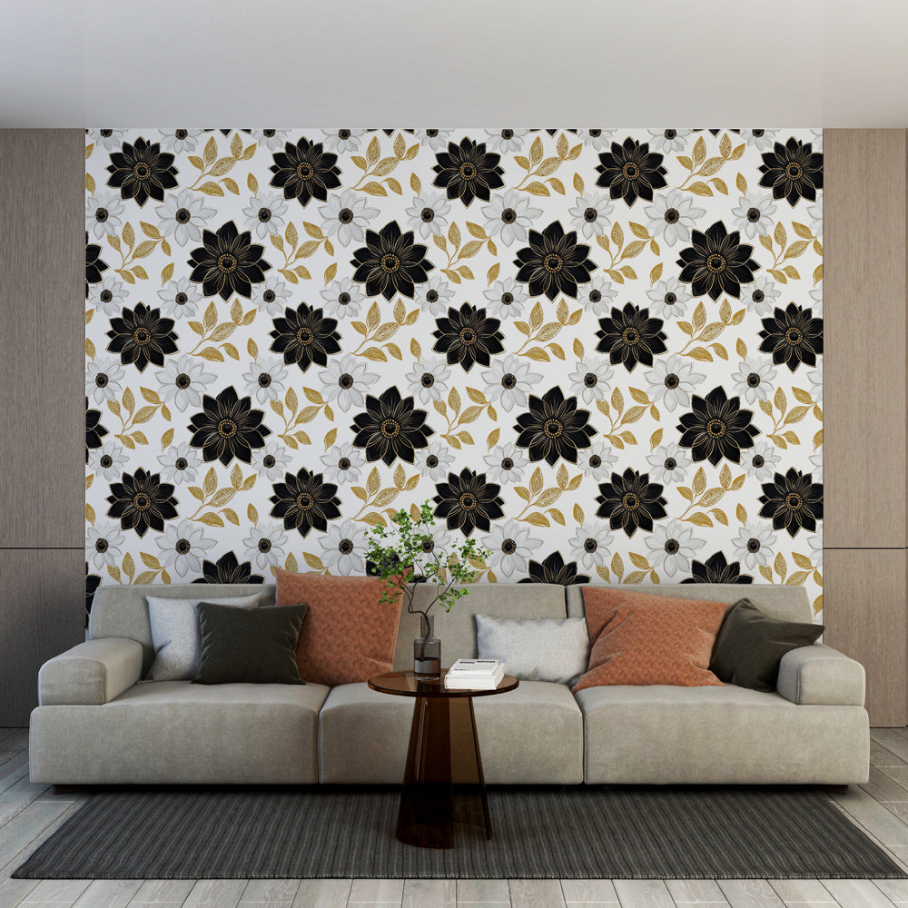 Elegant Flower Wallpaper | Black White Gold Wall Mural