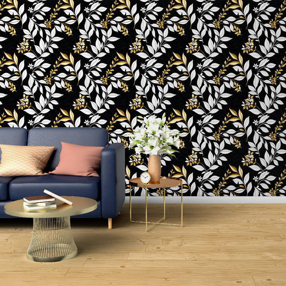 Black & Gold Floral Wallpaper with White Accents