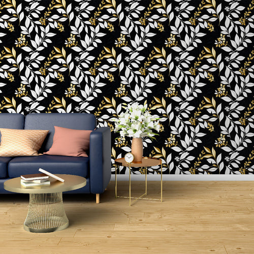 Black and gold floral wallpaper with white accent leaves and flowers