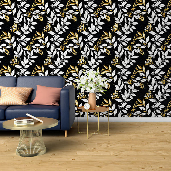 Black & Gold Floral Wallpaper with White Accents