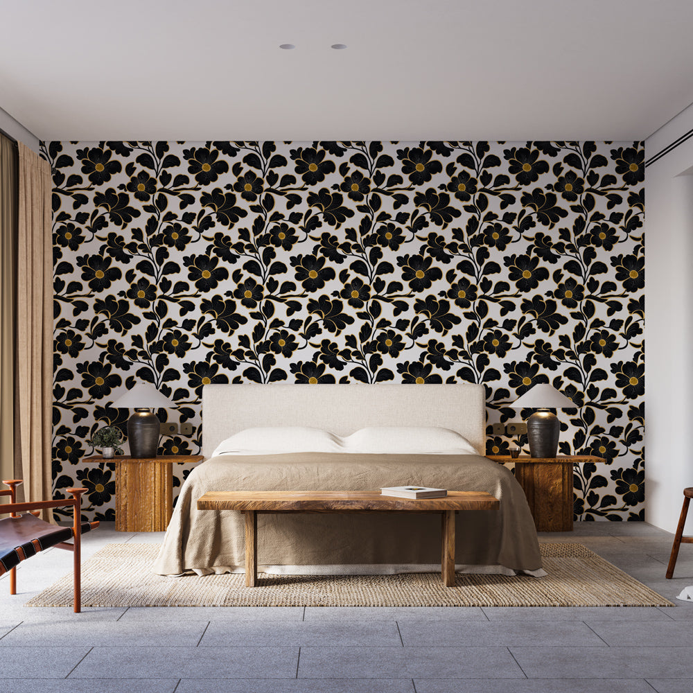 Black Gold Floral Wallpaper | Sophisticated Bloom Wall Mural
