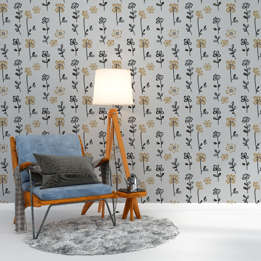 Black Gold Floral Wallpaper | Delicate Bloom Wall Mural