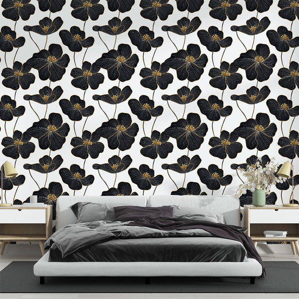 Black and Gold Floral Wallpaper | Elegant Wall Mural on White