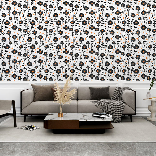 Stylised Black Orange Floral Wallpaper | Wall Mural