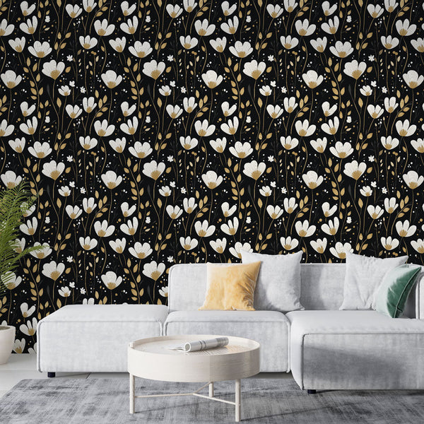 Black Floral Wallpaper | White Blooms & Gold Wall Mural