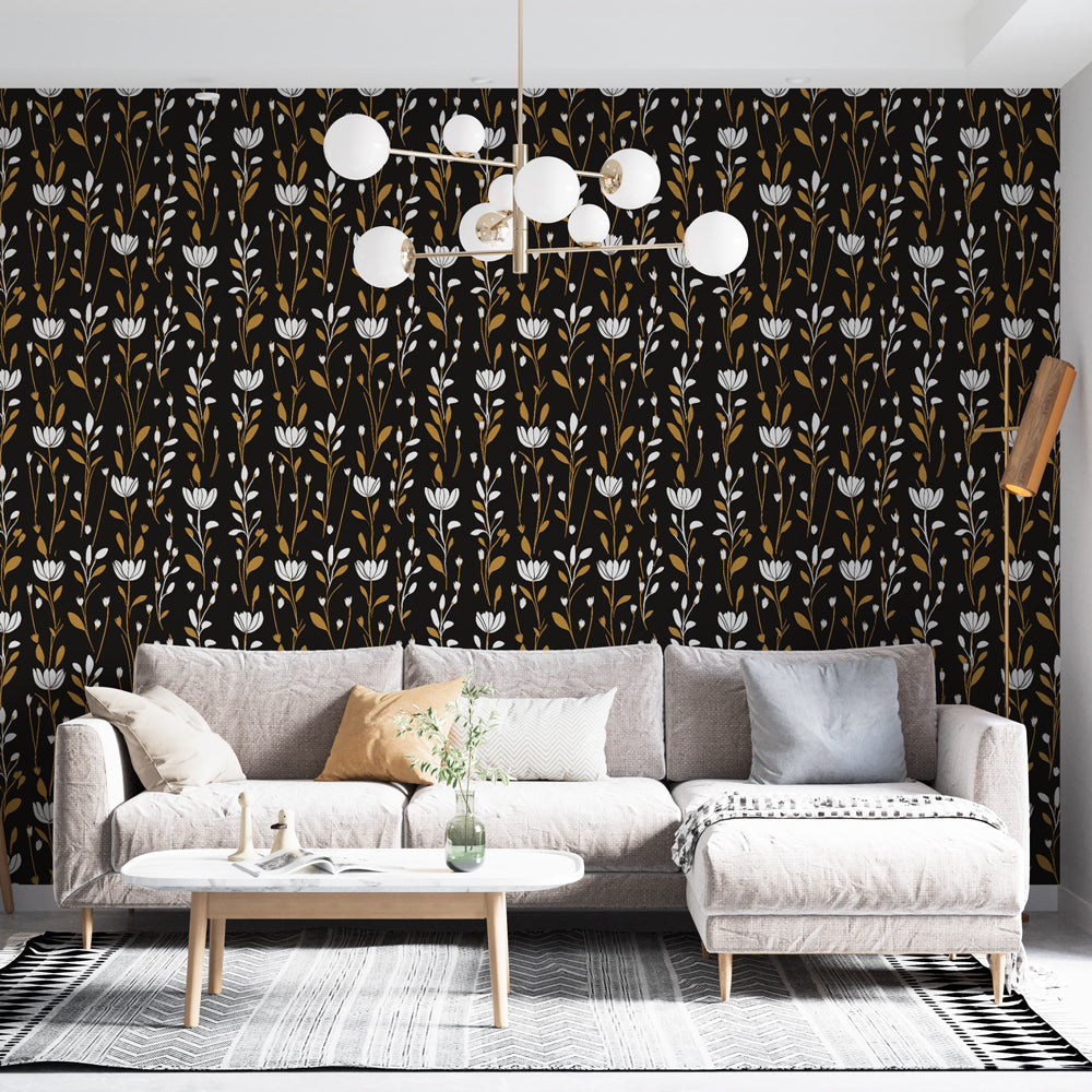 Black Floral Wallpaper | White Petals & Gold Leaves Wall Mural