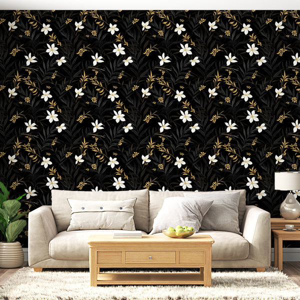 Black Floral Wallpaper | White Blooms Gold Leaves Wall Mural