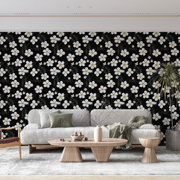 Black Floral Wallpaper | White Blooms and Elegant Foliage