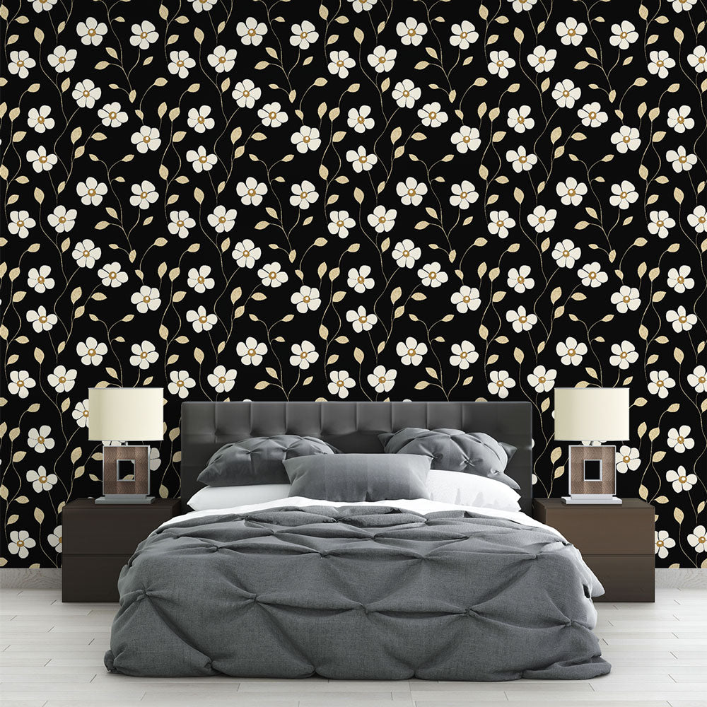 Black Floral Wallpaper | White Blooms & Gold Detail Wall Mural