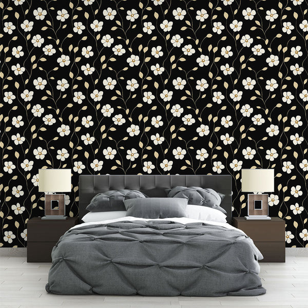 Black Floral Wallpaper | White Blooms & Gold Detail Wall Mural