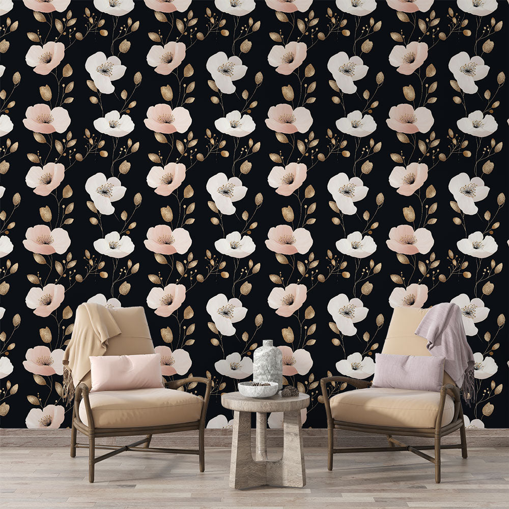 Black Floral Wallpaper | Pink & White Blooms Wall Mural