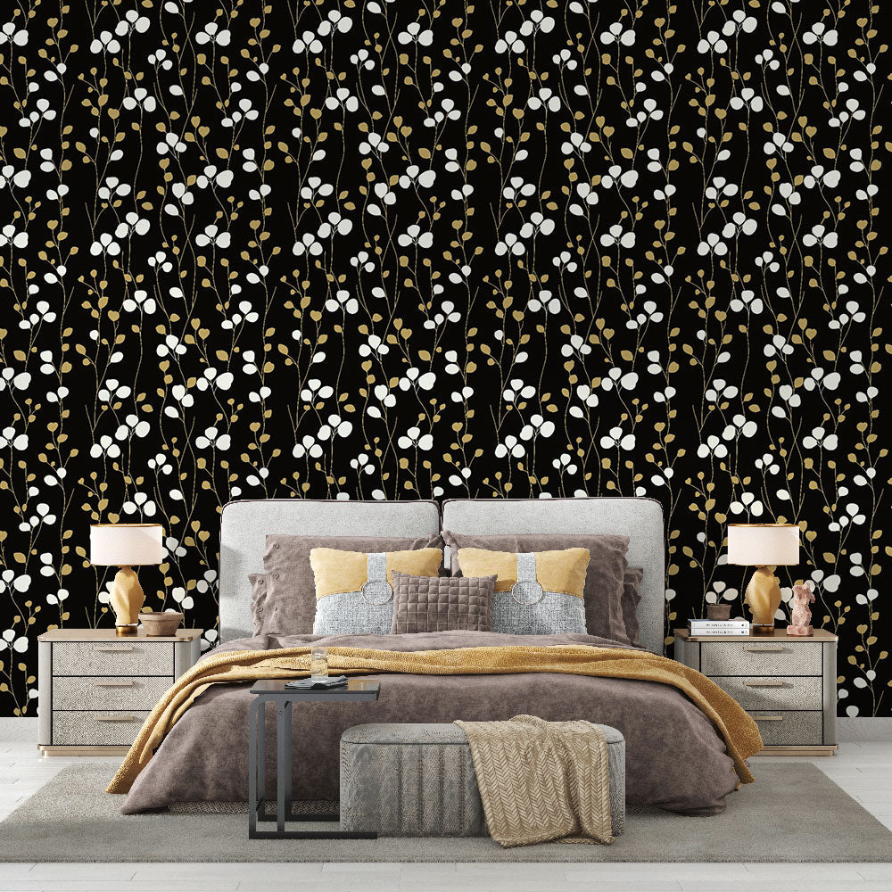 Black Floral Wallpaper | White Gold Branches Wall Mural