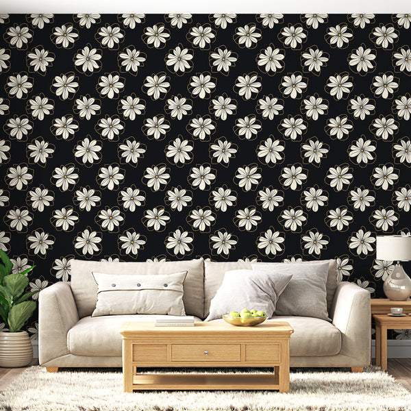 Black Floral Wallpaper | White Bloom Gold Outline Wall Mural