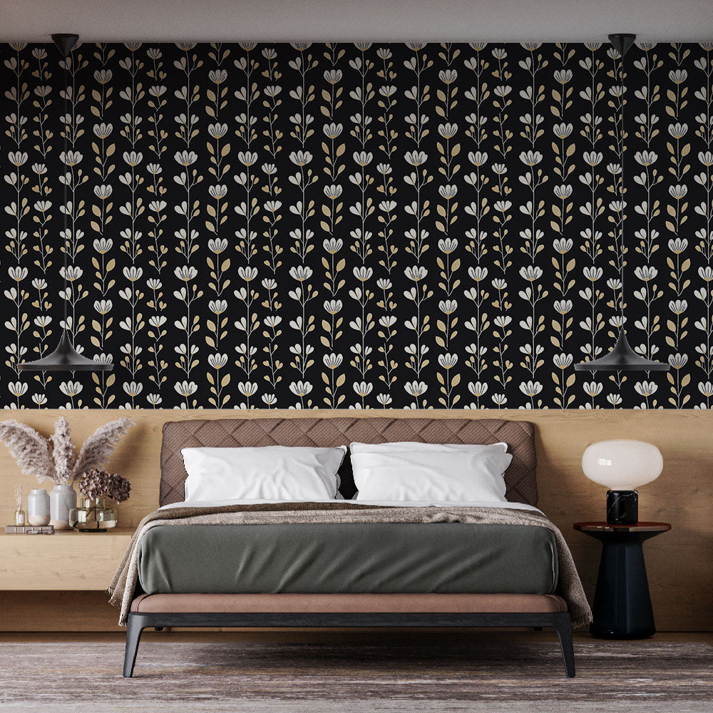 Black Floral Wallpaper | White Gold Flowers Wall Mural