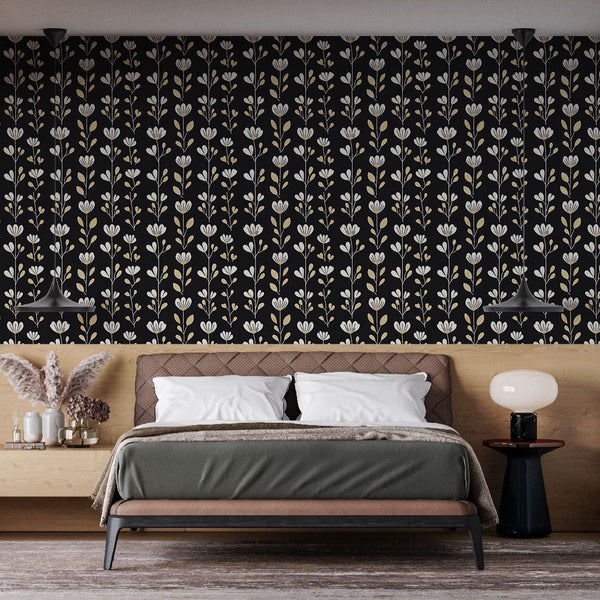 Black Floral Wallpaper | White Gold Flowers Wall Mural
