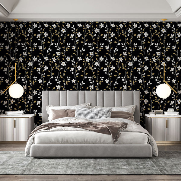 Black Floral Wallpaper | White Flowers & Gold Foliage Mural
