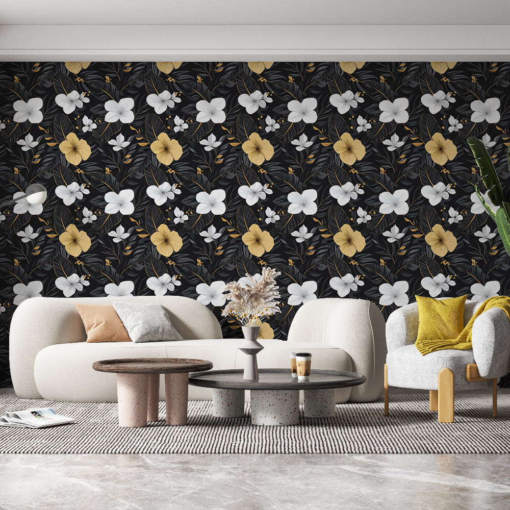 Black Floral Wallpaper with White & Yellow Blooms