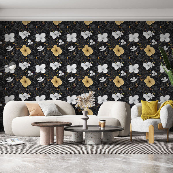 Black Floral Wallpaper with White & Yellow Blooms