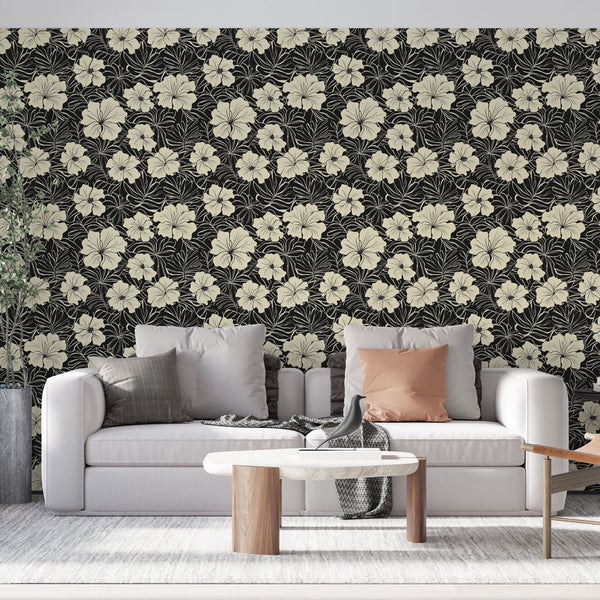 Black Floral Wallpaper | White Blooms on a Dark Ground