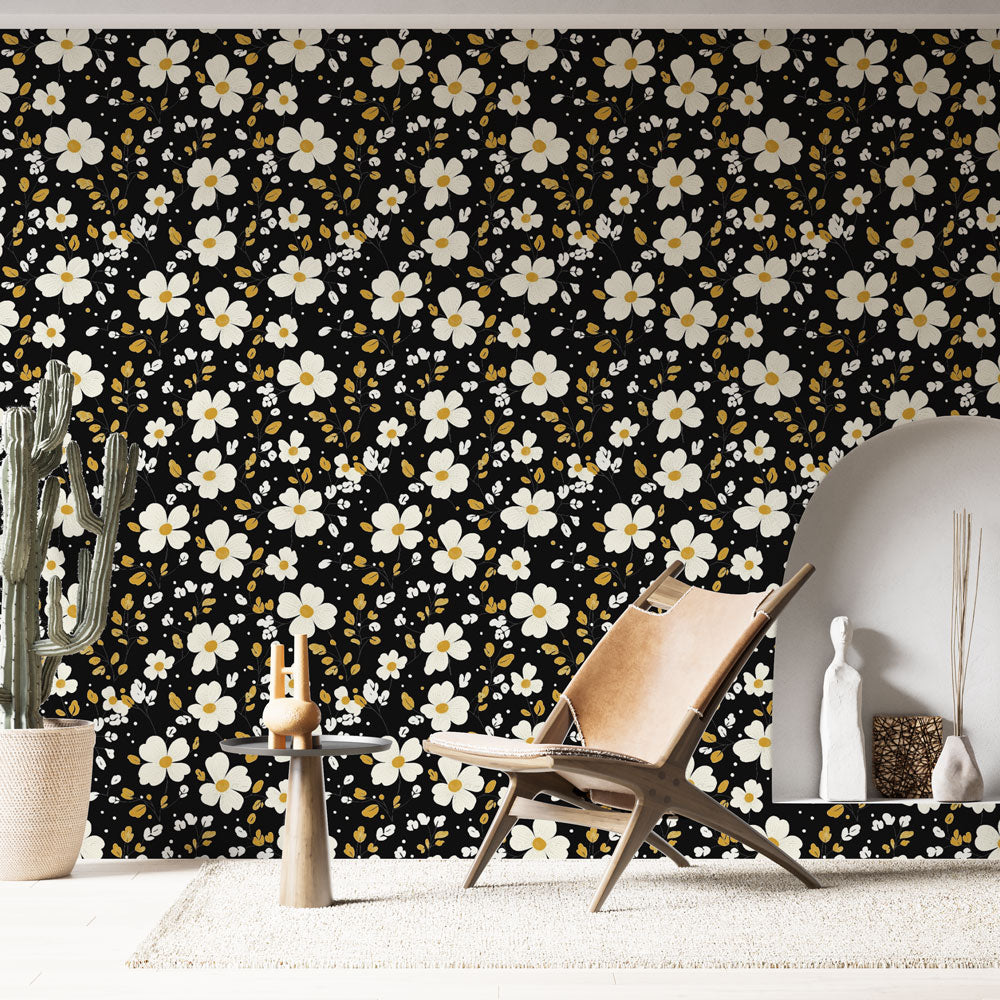Black Floral Wallpaper | White Gold Bloom Wall Mural