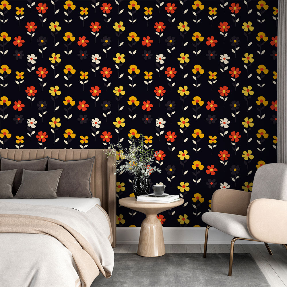 Bold Floral Wallpaper | Red, Yellow & White Blooms on Black