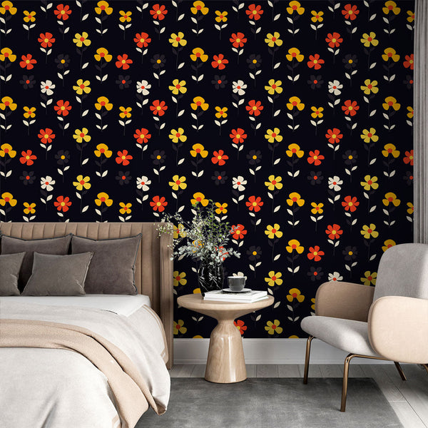 Bold Floral Wallpaper | Red, Yellow & White Blooms on Black