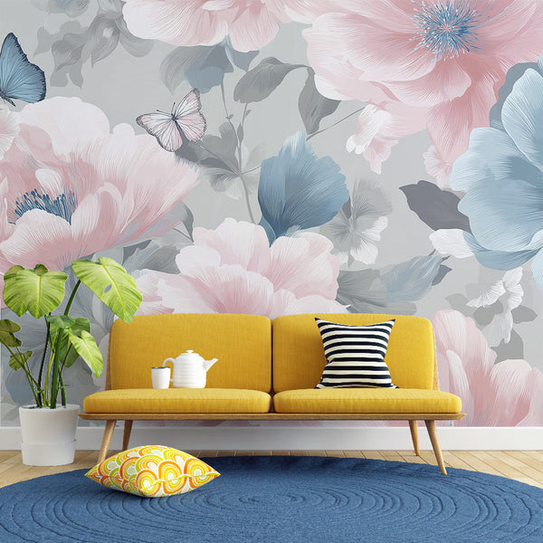 Pastel Floral Wallpaper | Pink Blooms and Fine Butterflies