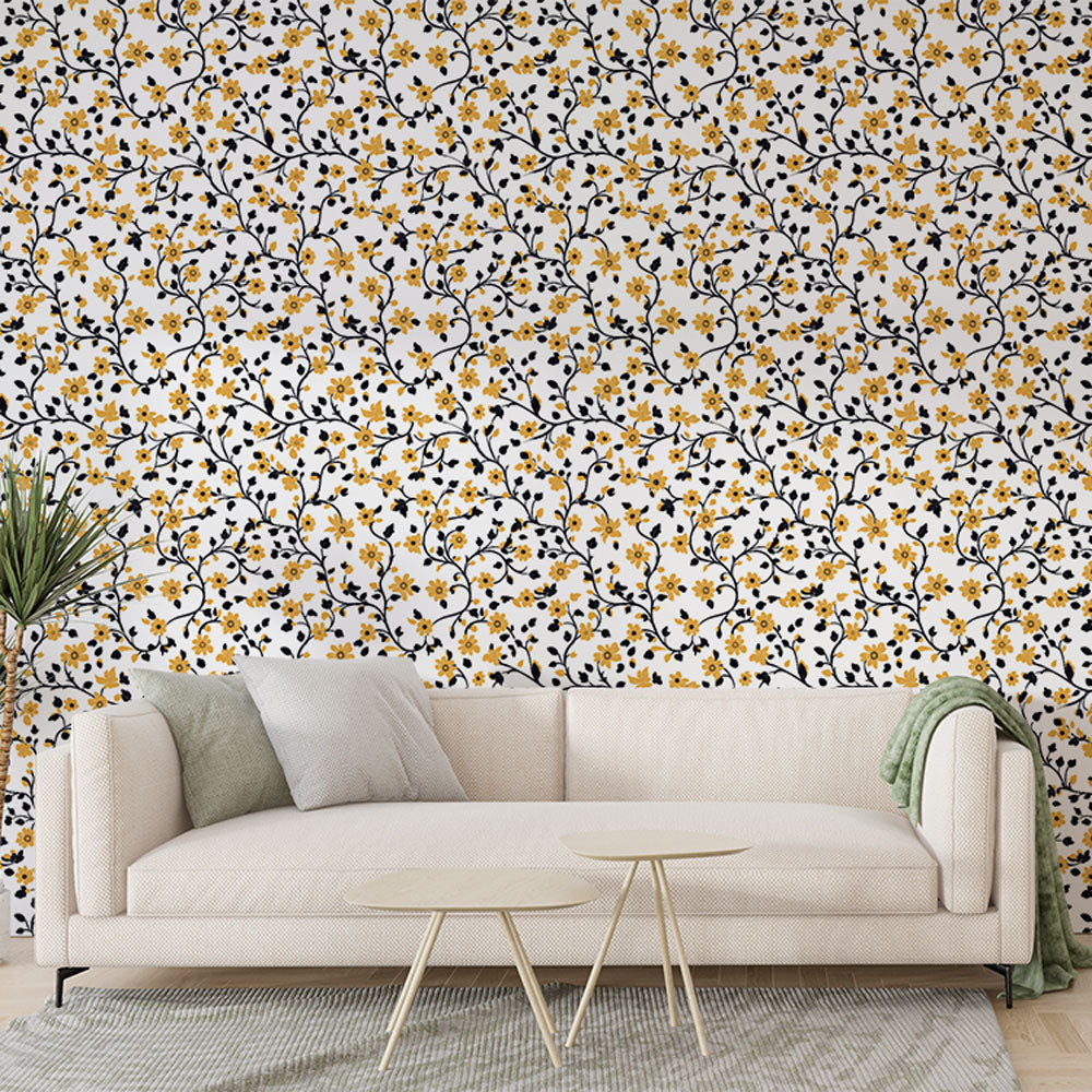 Tiny Floral Wallpaper | Yellow & Black Wall Mural
