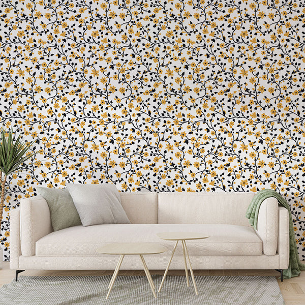 Tiny Floral Wallpaper | Yellow & Black Wall Mural