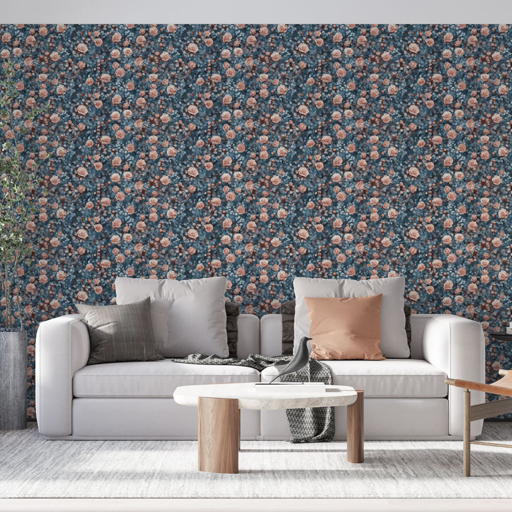 Rose Floral Wallpaper | Delicate Roses on Navy Blue Wall Mural