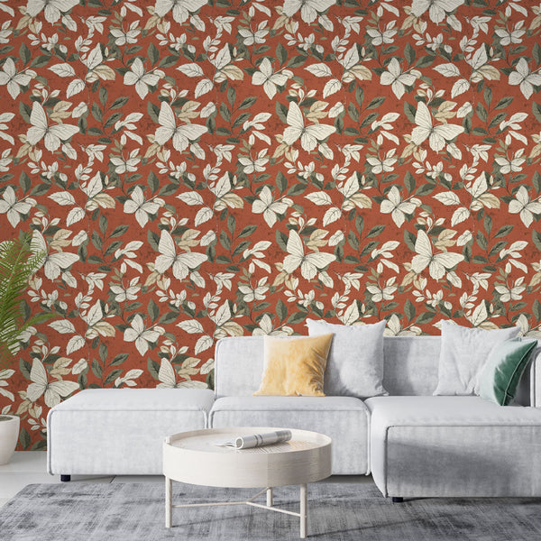 Rustic Floral Wallpaper | White Butterflies on Terracotta