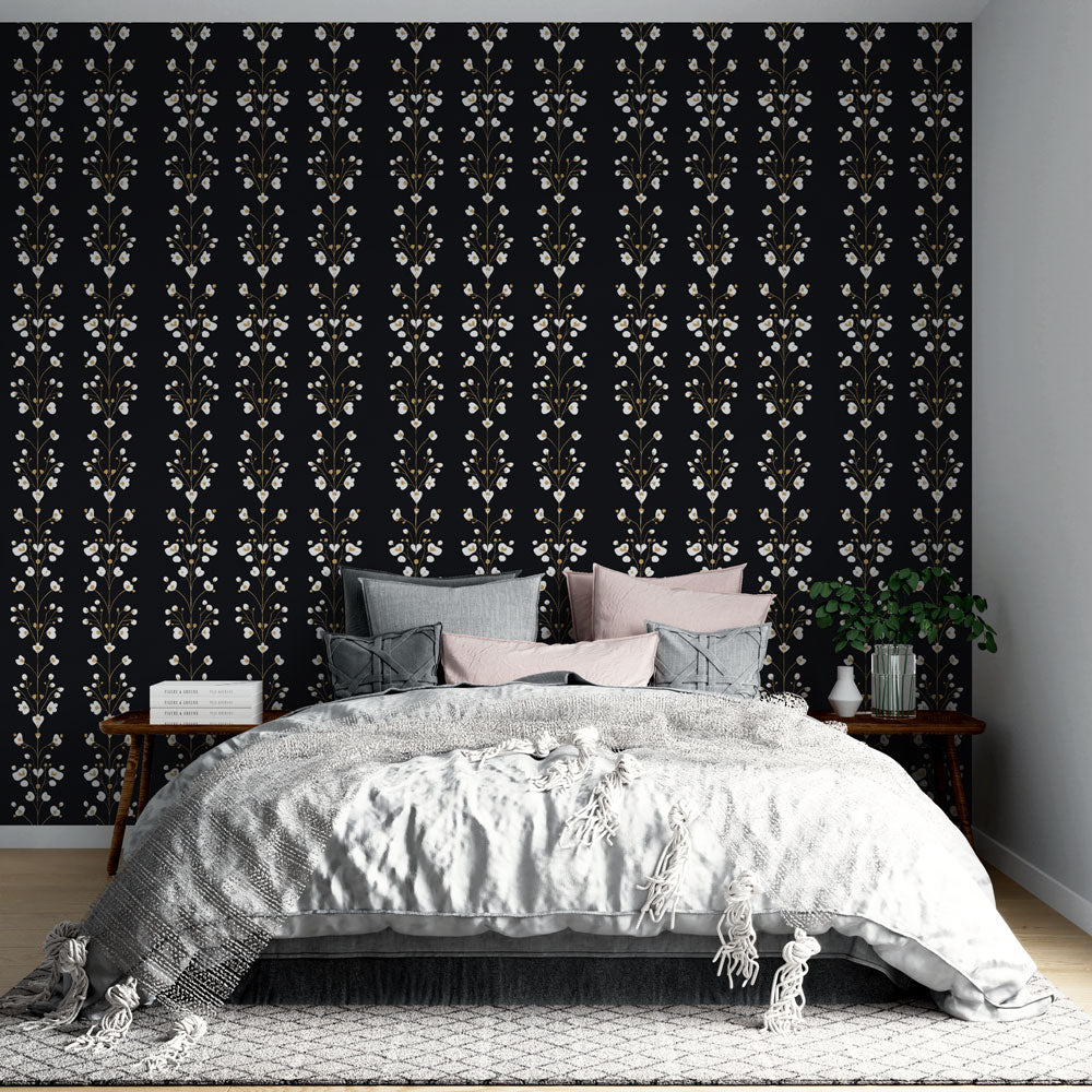 Black Background Floral Wallpaper | White Wall Mural Gold
