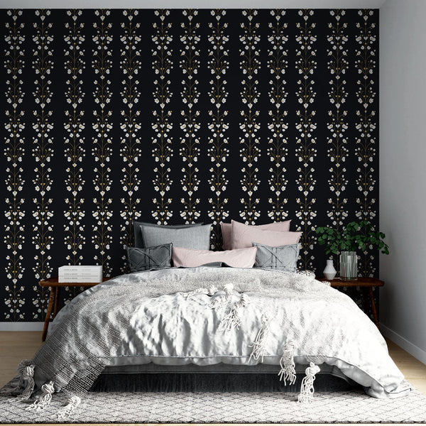 Black Background Floral Wallpaper | White Wall Mural Gold