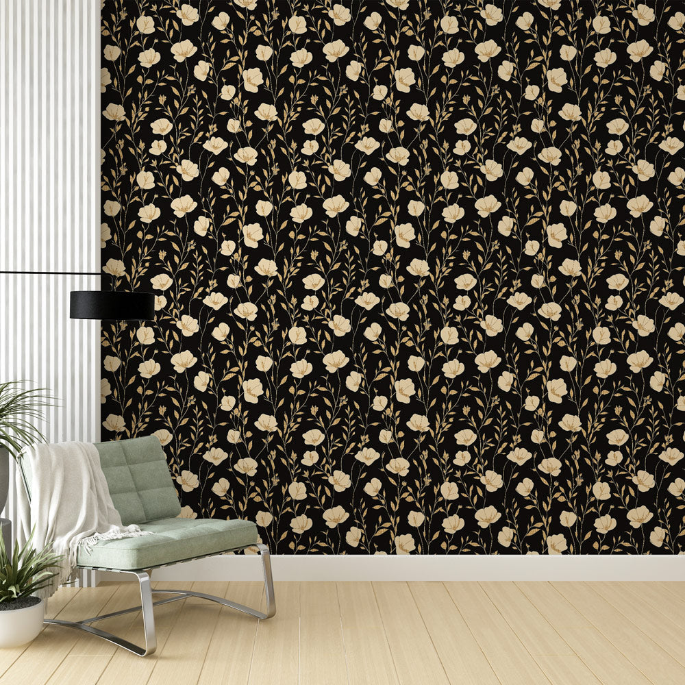Black Floral Wallpaper | White Bloom and Gold Leaf Mural