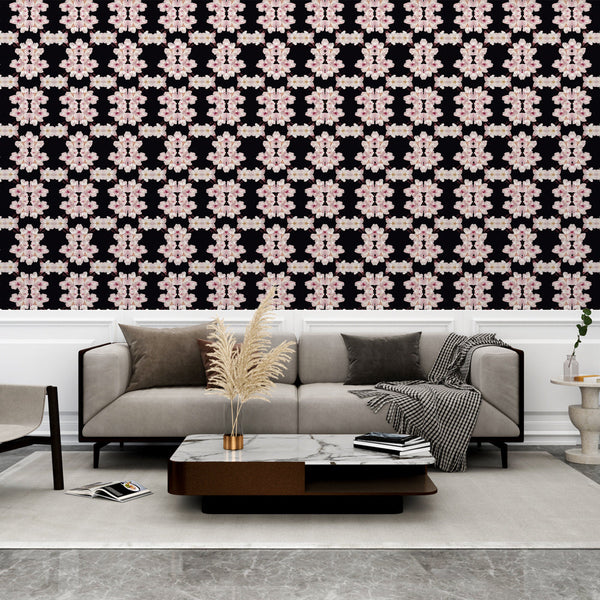 Floral Black Wallpaper | Delicate Pink White Blooms Mural