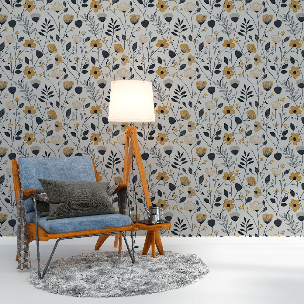 Floral Wallpaper | Yellow White Black Bloom Wall Mural