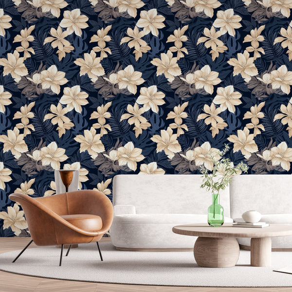 Velvet Floral Wallpaper | Cream Blooms on Midnight Blue