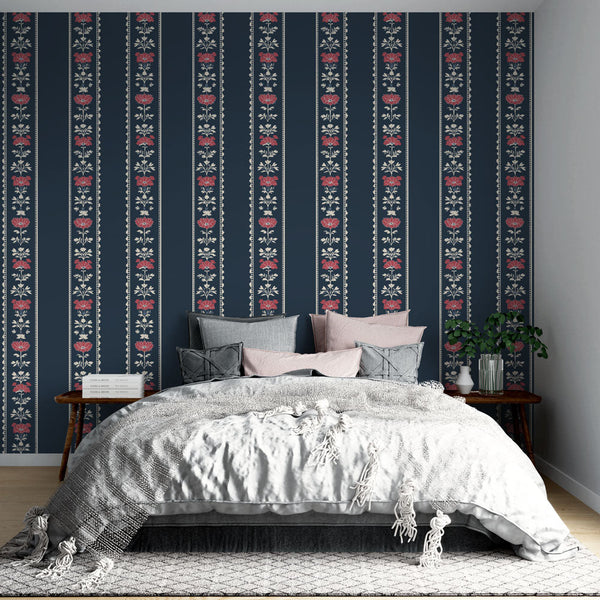 Vintage Striped Rose Wallpaper | Navy Wall Mural