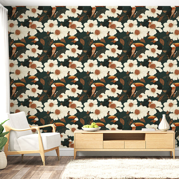 Floral Toucan Wallpaper | White Blooms and Bright Birds