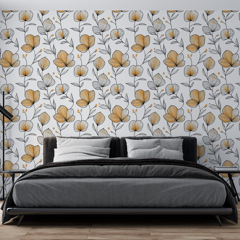 Yellow & Black Floral Wallpaper | Delicate White Mural