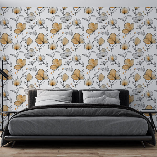 Yellow & Black Floral Wallpaper | Delicate White Mural