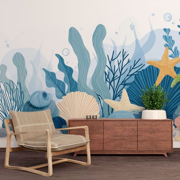 Seashell Wallpaper | Shells and Starfish in Blue and Sand