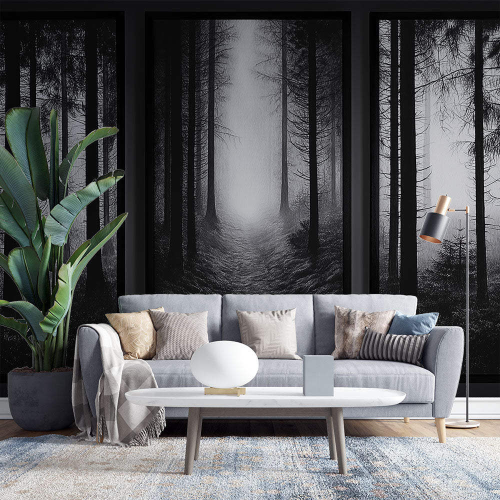 Misty Forest Tree Trio Black and White Wallpaper Mural