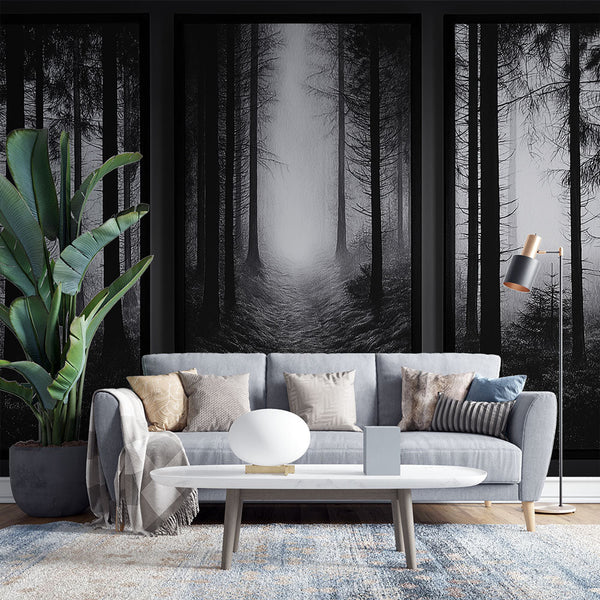 Misty Forest Tree Trio Black and White Wallpaper Mural