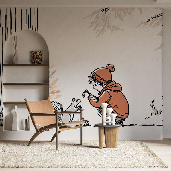 Enchanted Forest Wallpaper | Child Feeding a Squirrel by a Tree