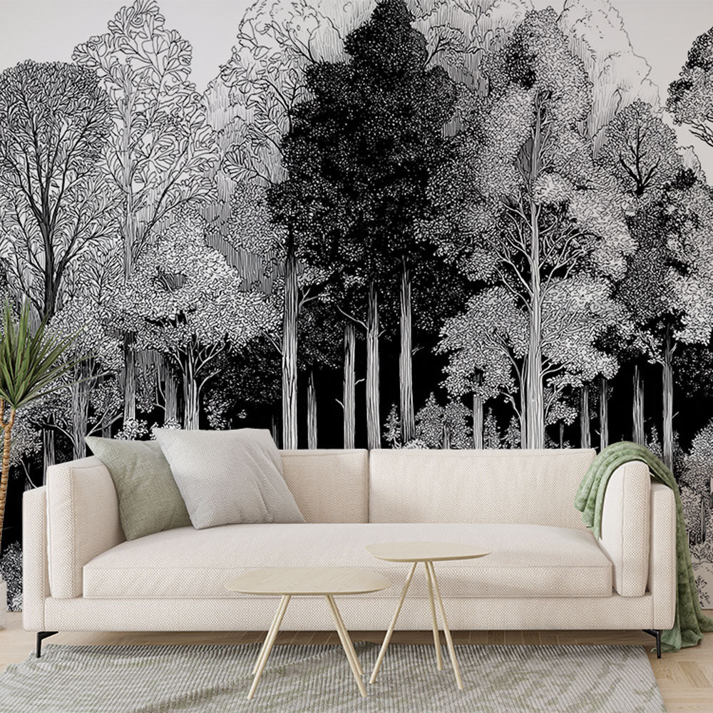 Black and White Forest Wallpaper | Hand-Drawn Foliage Mural