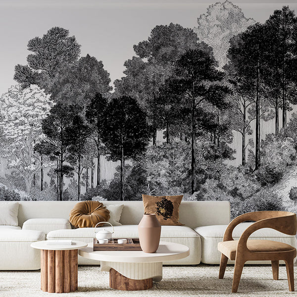 Monochrome Forest Wallpaper | Black and White Tree Wall Mural
