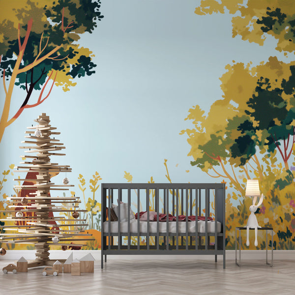 Forest Bear and Fox Wallpaper | Sky Blue Mural