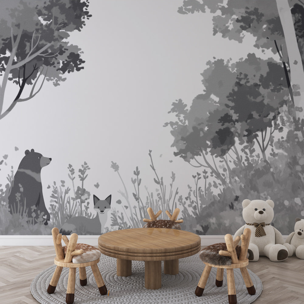 Black & White Bear and Fox Forest Wallpaper