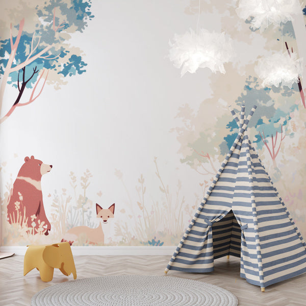 Retro Bear and Fox Forest Wallpaper | Mural